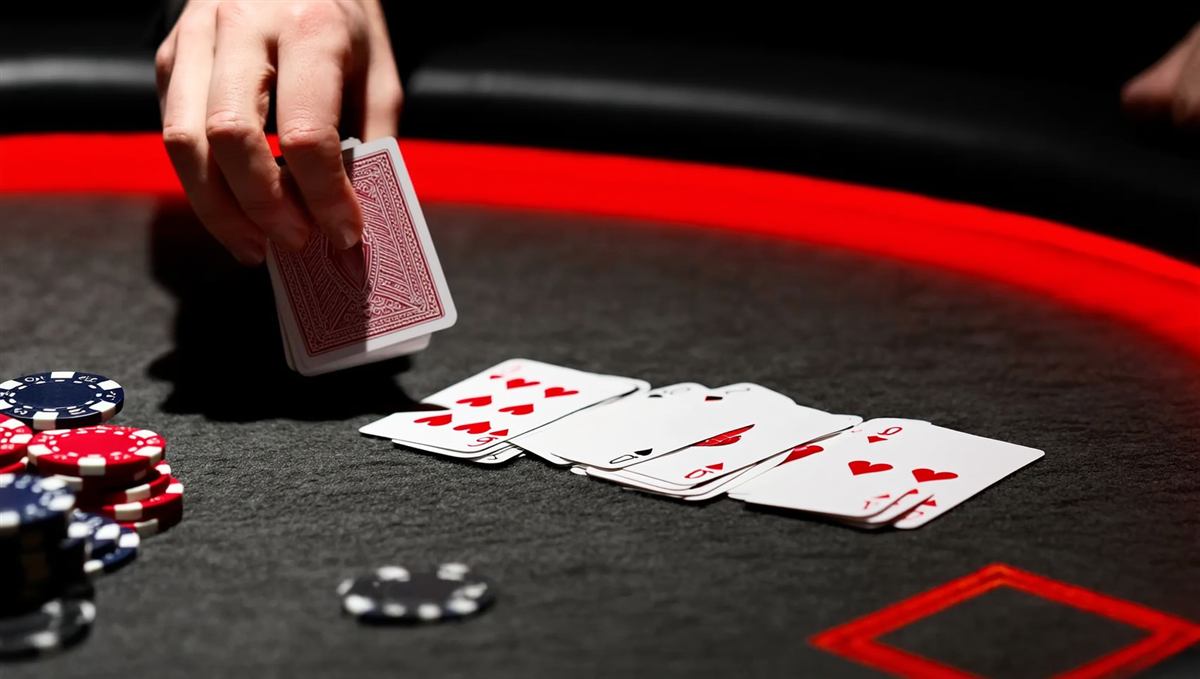 Cards being dealt from a shoe across a dark blackjack table under red accent lighting