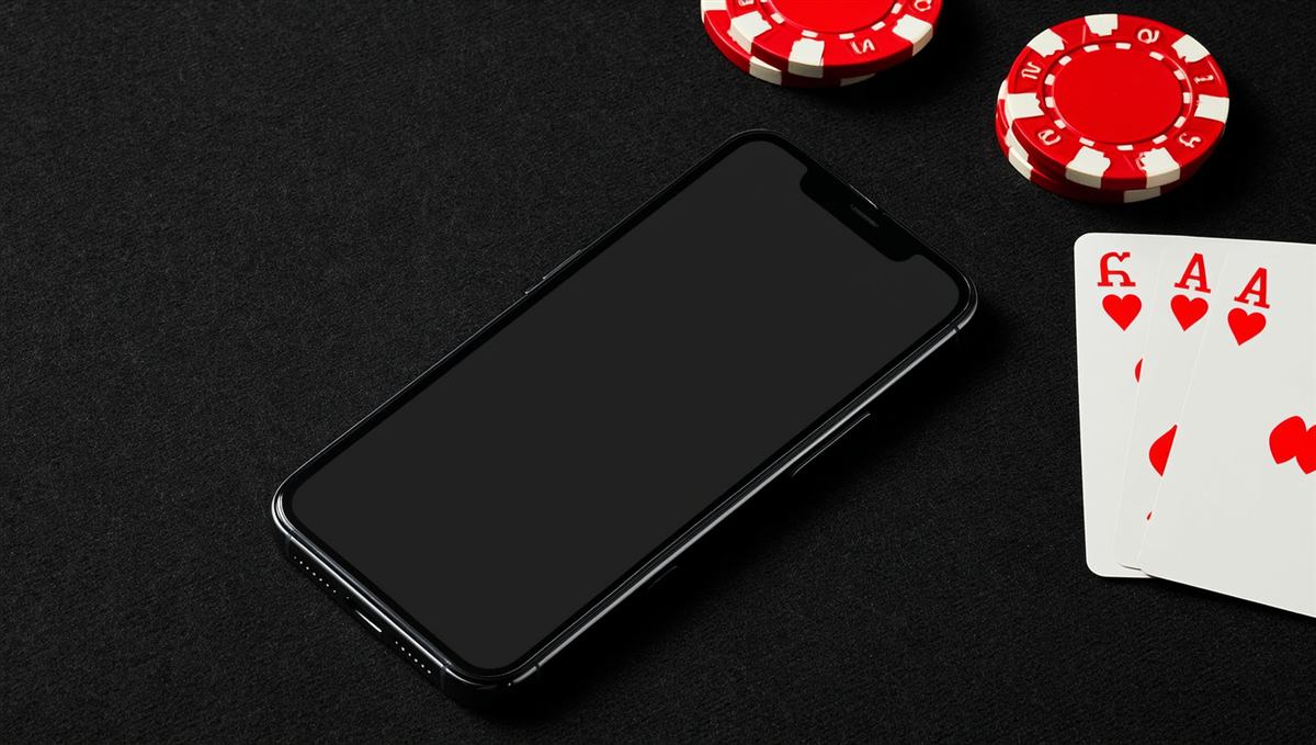A smartphone resting on black table felt next to playing cards and a stack of red casino chips