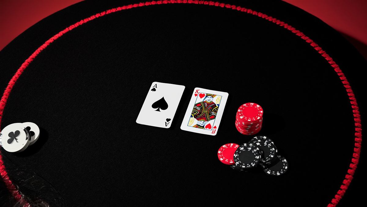 Ace of spades and king of hearts dealt on a black blackjack table beside red and black chips